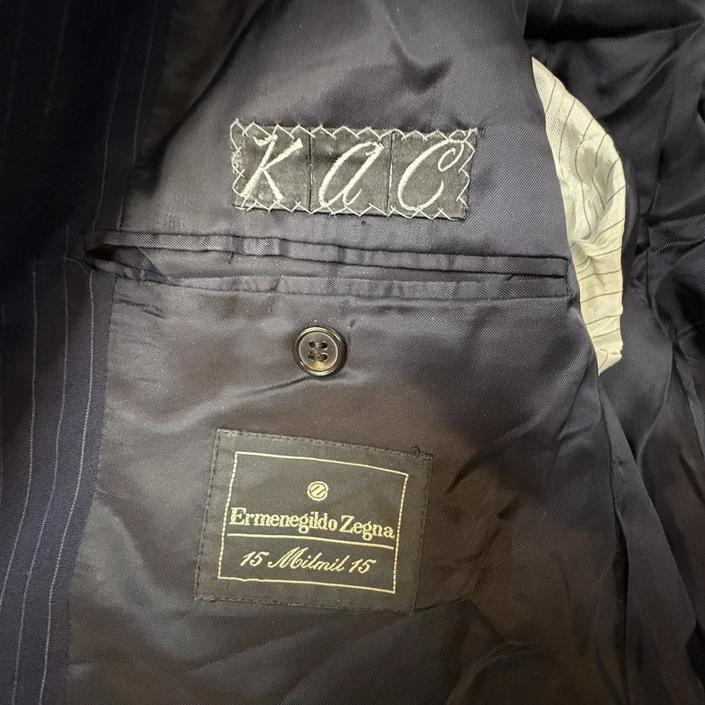 Ermenegildo Zegna Men's IT 54R (~46.5R) Navy Pinstripe 15 Milmil 15 Wool Coat